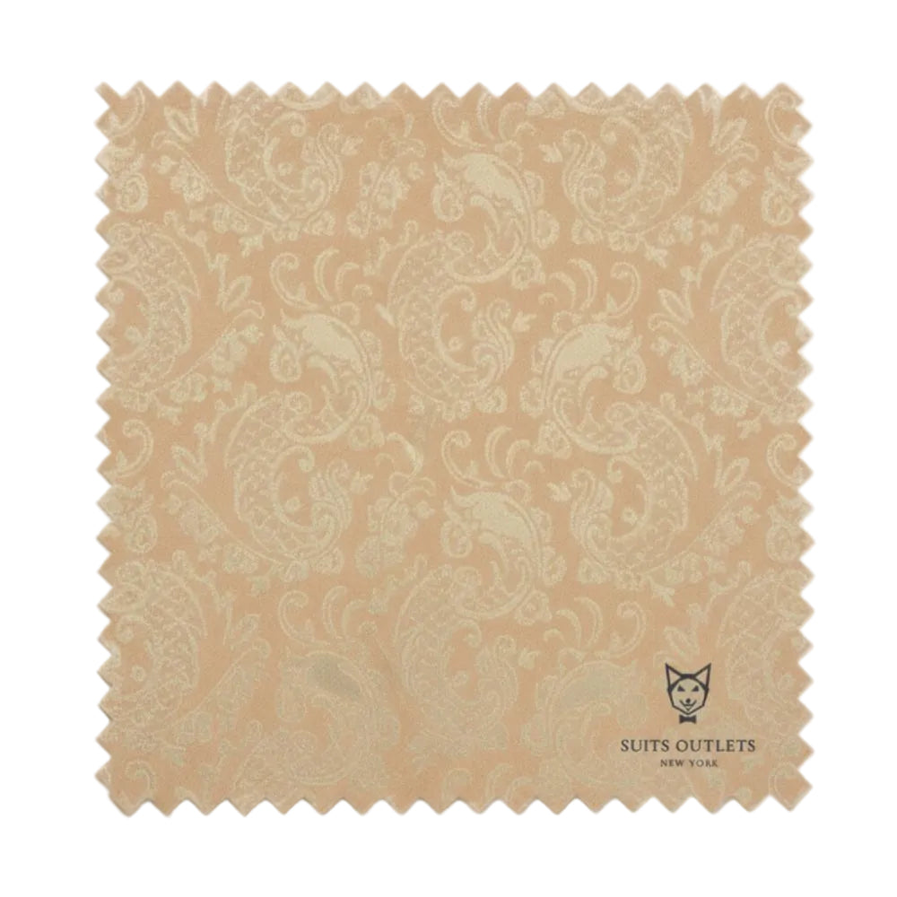 Patterned fabric swatch with 'Suits Outlets' logo on a white background