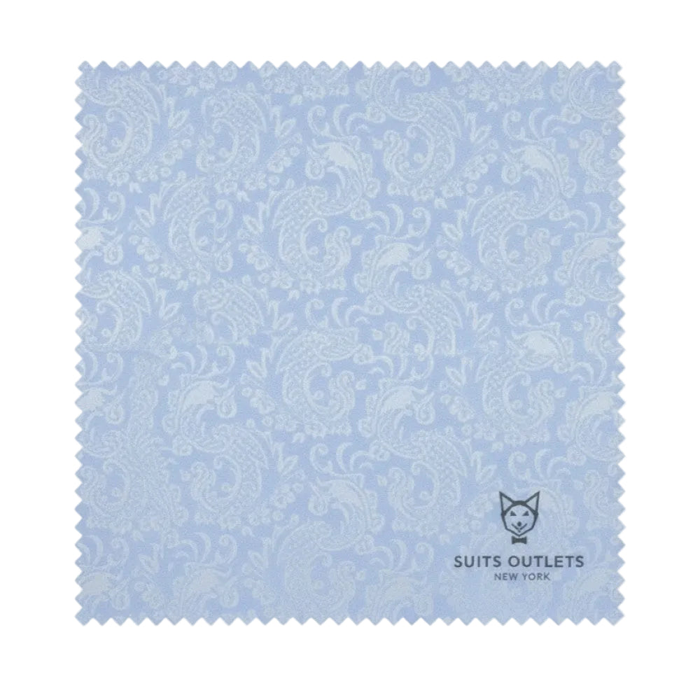Fabric sample with paisley pattern on a light blue background, featuring the Suits Outlets New York logo.