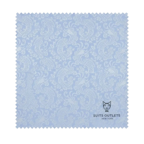 Fabric sample with paisley pattern on a light blue background, featuring the Suits Outlets New York logo.