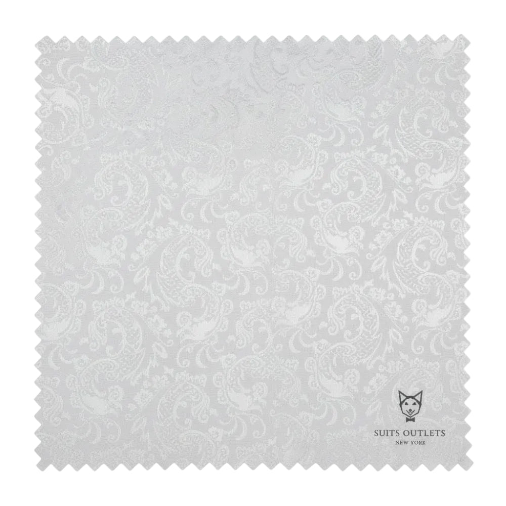 Silver fabric swatch with subtle pattern on a white background, featuring the SUITS OUTLETS logo.