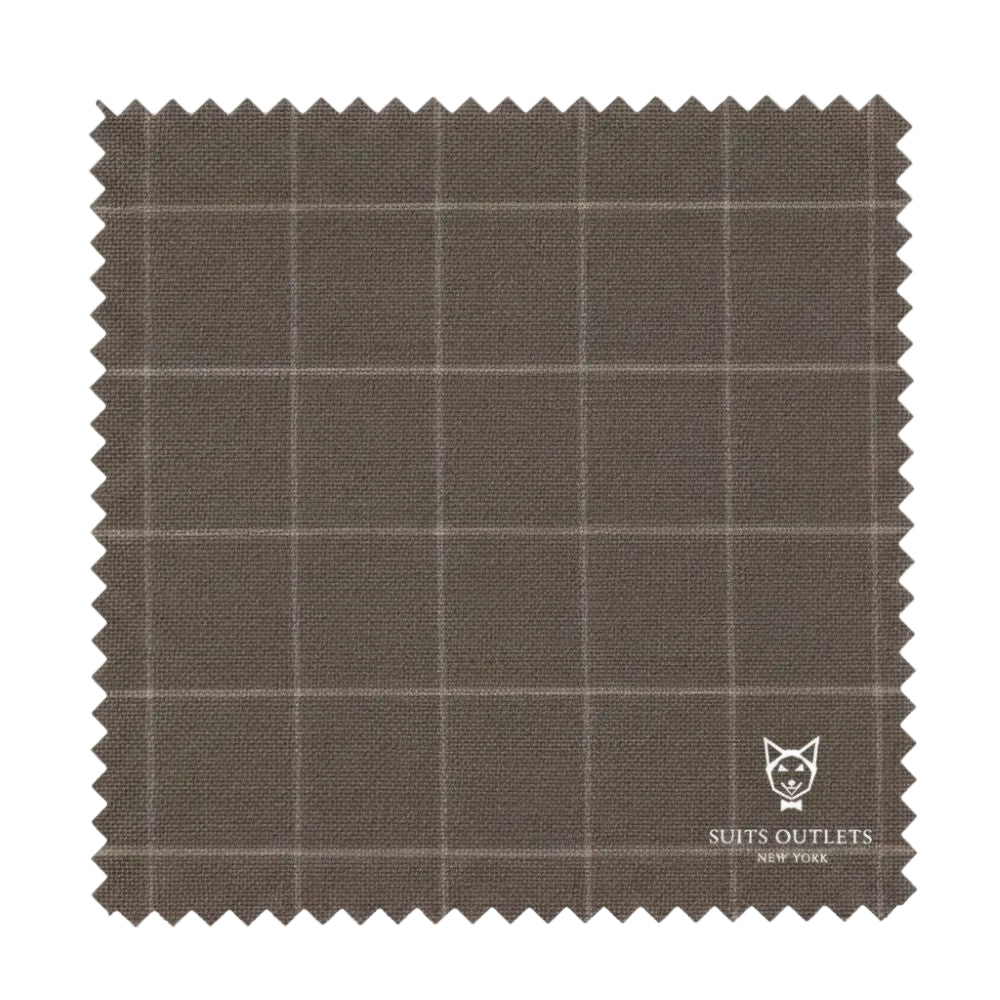 Brown plaid fabric swatch with a brand logo in the corner