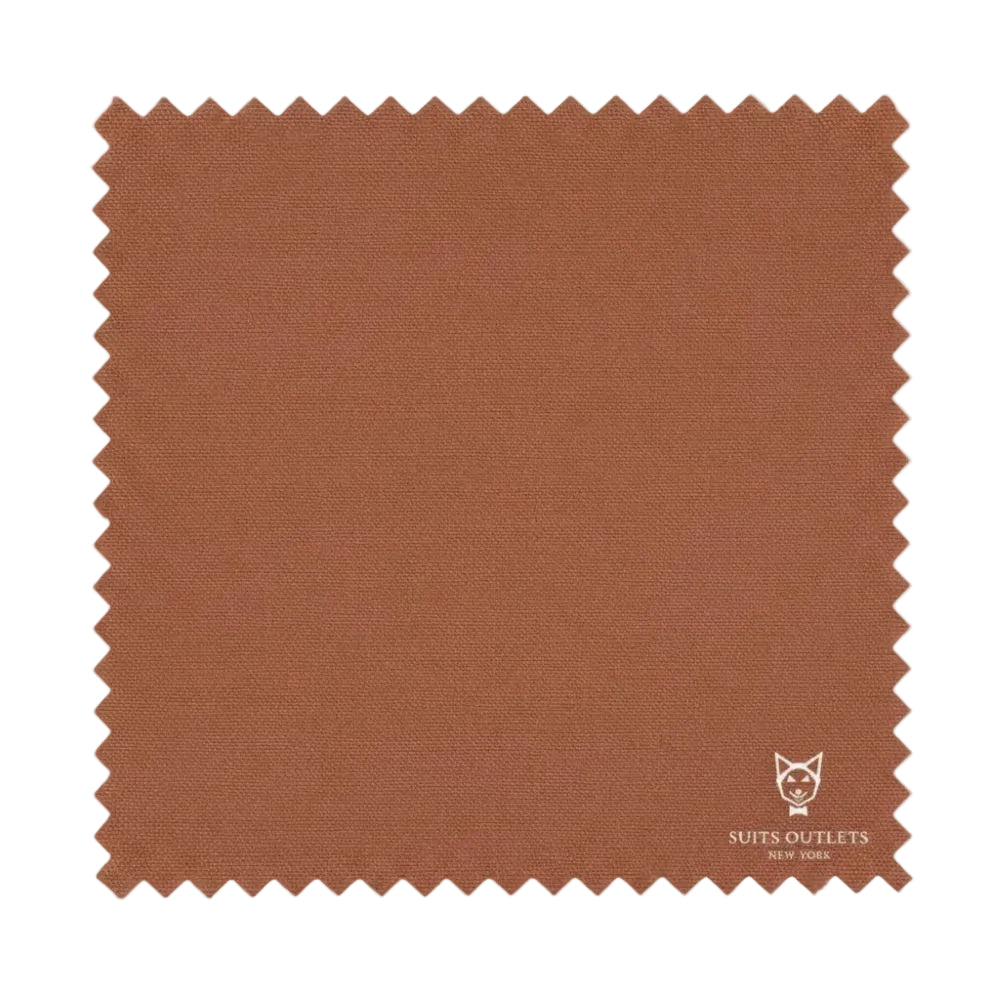 Brown fabric swatch with 'Suits Outlets New York' label on a white background
