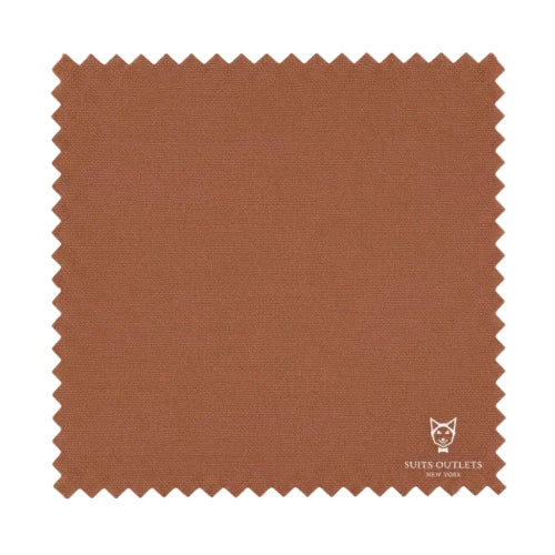 Brown fabric swatch with 'Suits Outlets New York' label on a white background