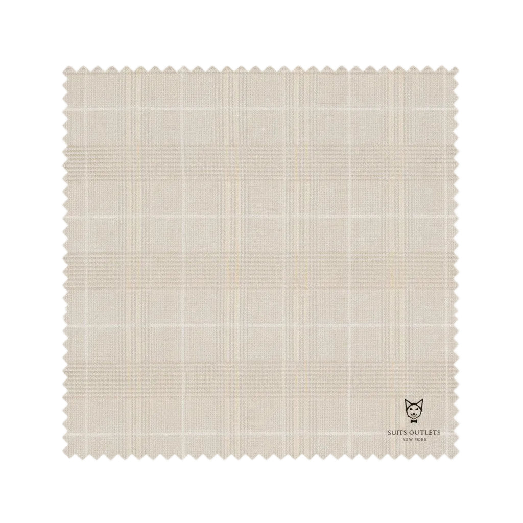 Fabric swatch with a beige plaid pattern on a white background, featuring the Lufs Outlets logo.