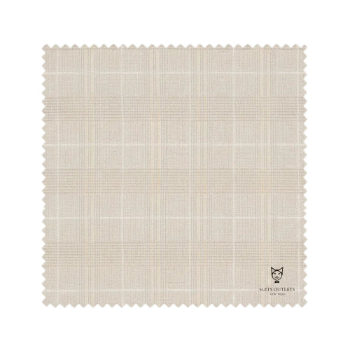 Fabric swatch with a beige plaid pattern on a white background, featuring the Lufs Outlets logo.