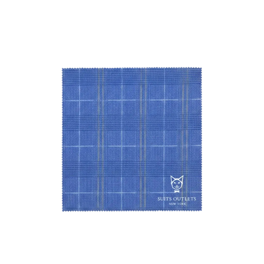 Blue checkered fabric swatch with 'Suits Outlets New York' label on a white background
