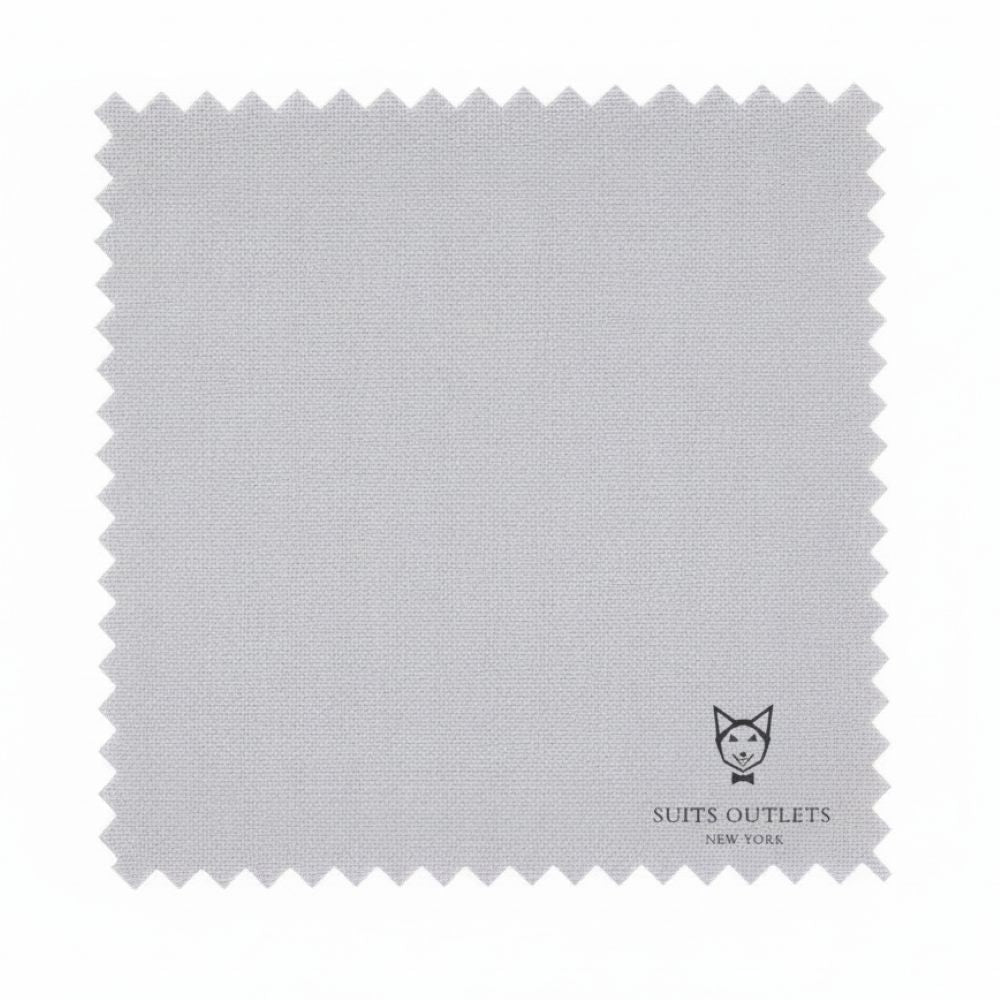 Gray fabric swatch with 'Suits Outlets New York' logo on a white background