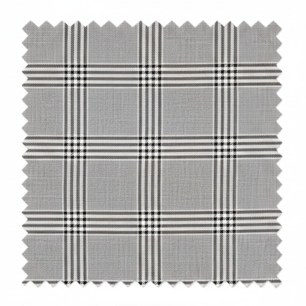 Fabric swatch with a gray and black plaid pattern