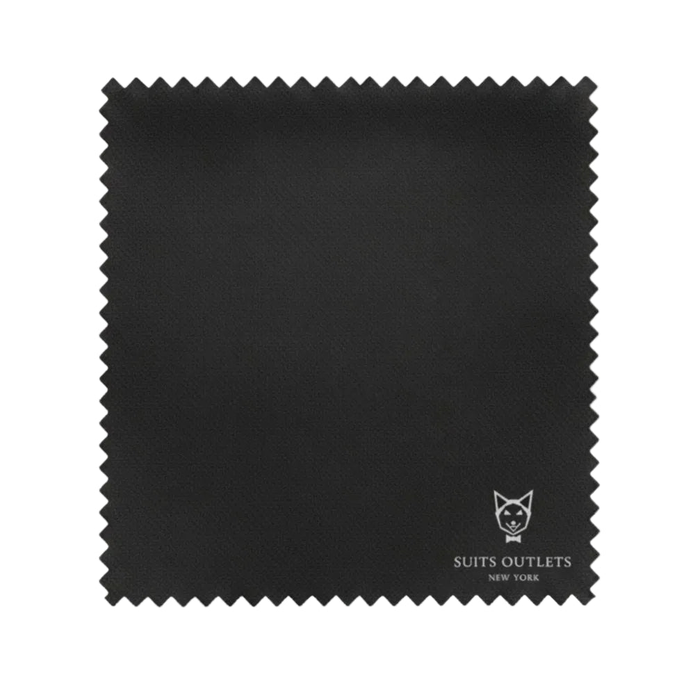 Black fabric swatch with 'Suits Outlets New York' logo on a white background