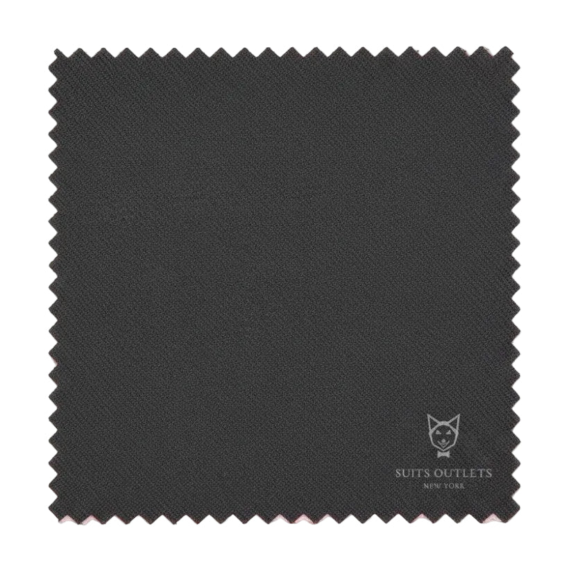 Black fabric swatch with 'Suits Outlets New York' logo on a white background