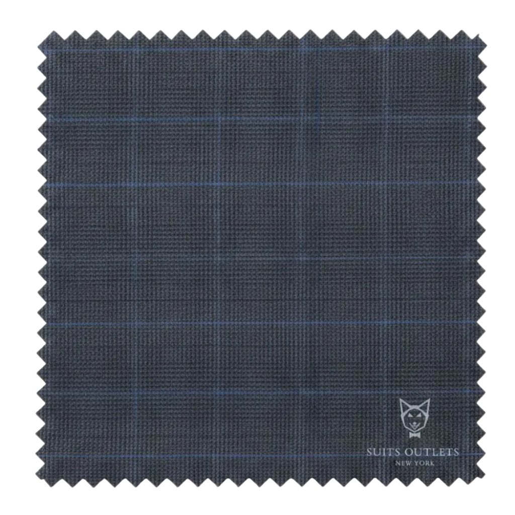 Charcoal fabric swatch with a grid pattern, branded 'Suits Outlets New York'.