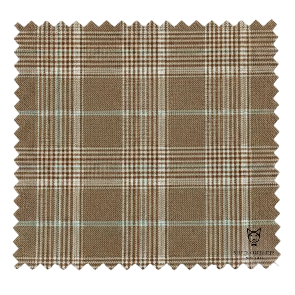 Detailed close-up of the camel Glen Plaid checkered fabric for the Renaissance Collection Regular Fit 3 Piece Suit.