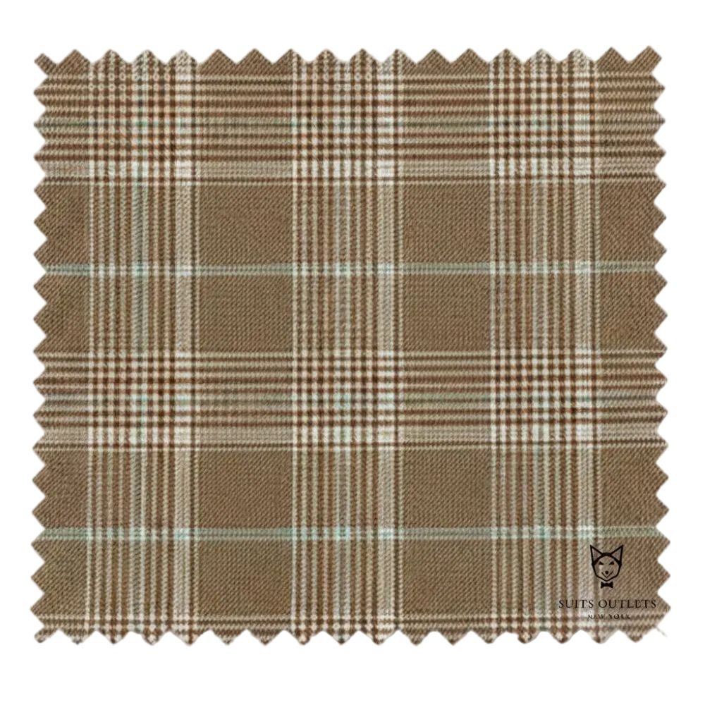 Fabric swatch with brown plaid pattern on a white background