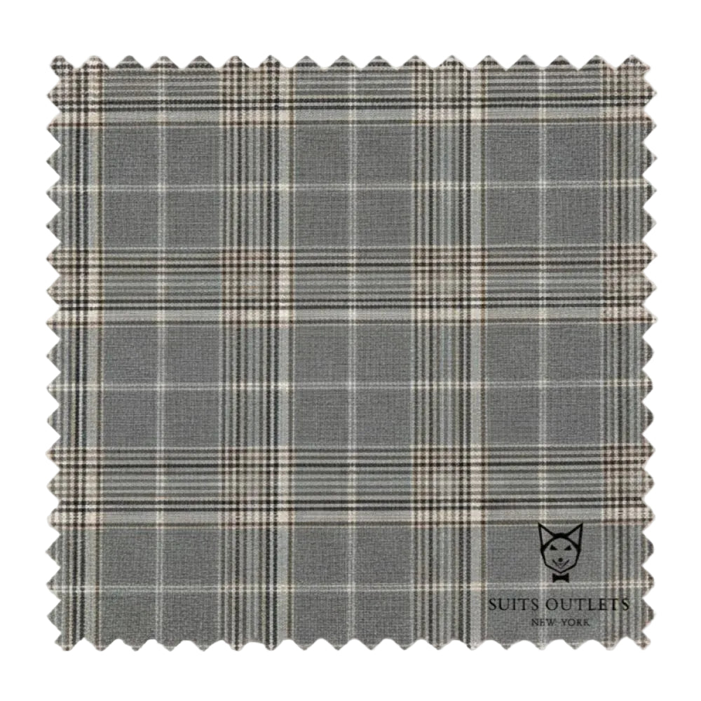 Detailed close-up of the gray Glen Plaid fabric weave from the Renaissance Collection Regular Fit 3 Piece Suit.