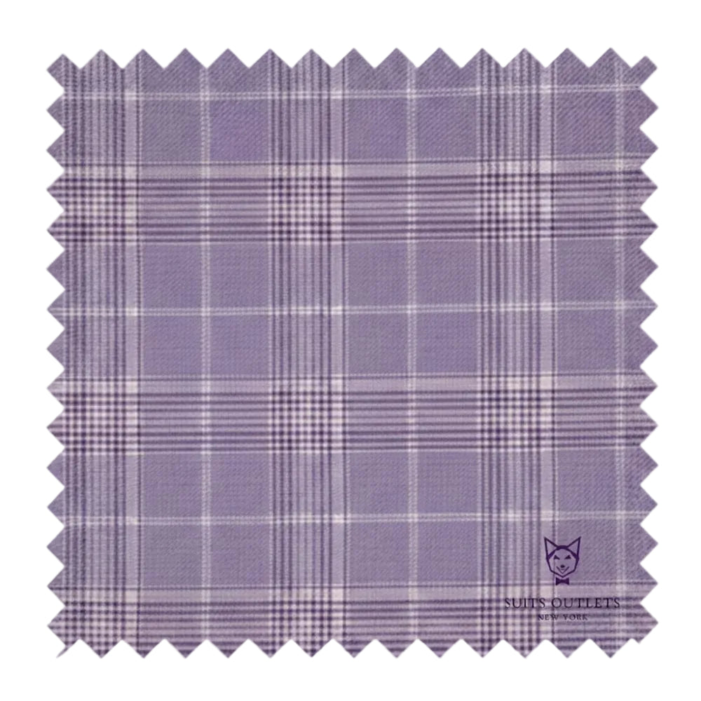 Close-up of Renaissance Collection light purple Regular Fit Glen Plaid suit fabric, with pocket square.