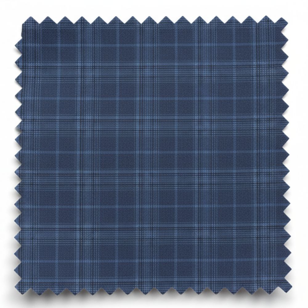 Blue plaid fabric swatch on a white background
