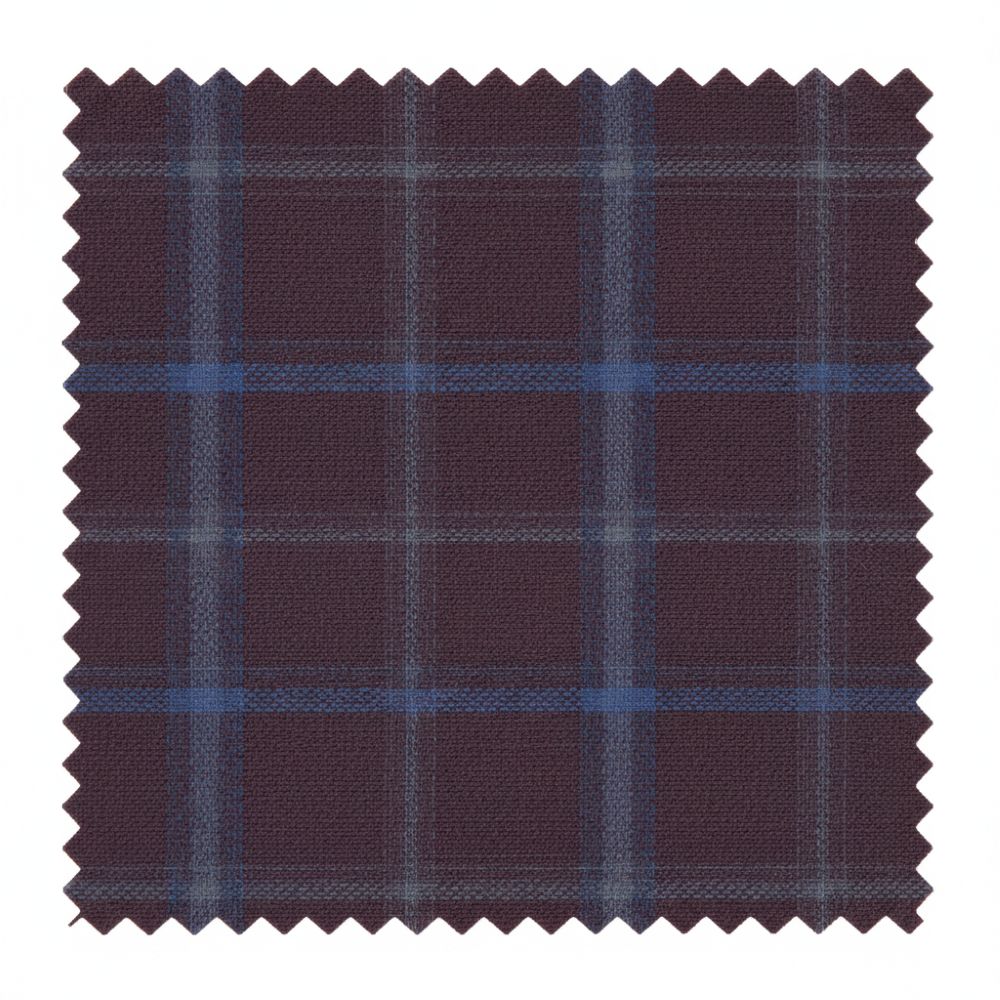 Detailed close-up displaying the purple window pane check weave of English Laundry slim fit wool blend suit fabric.