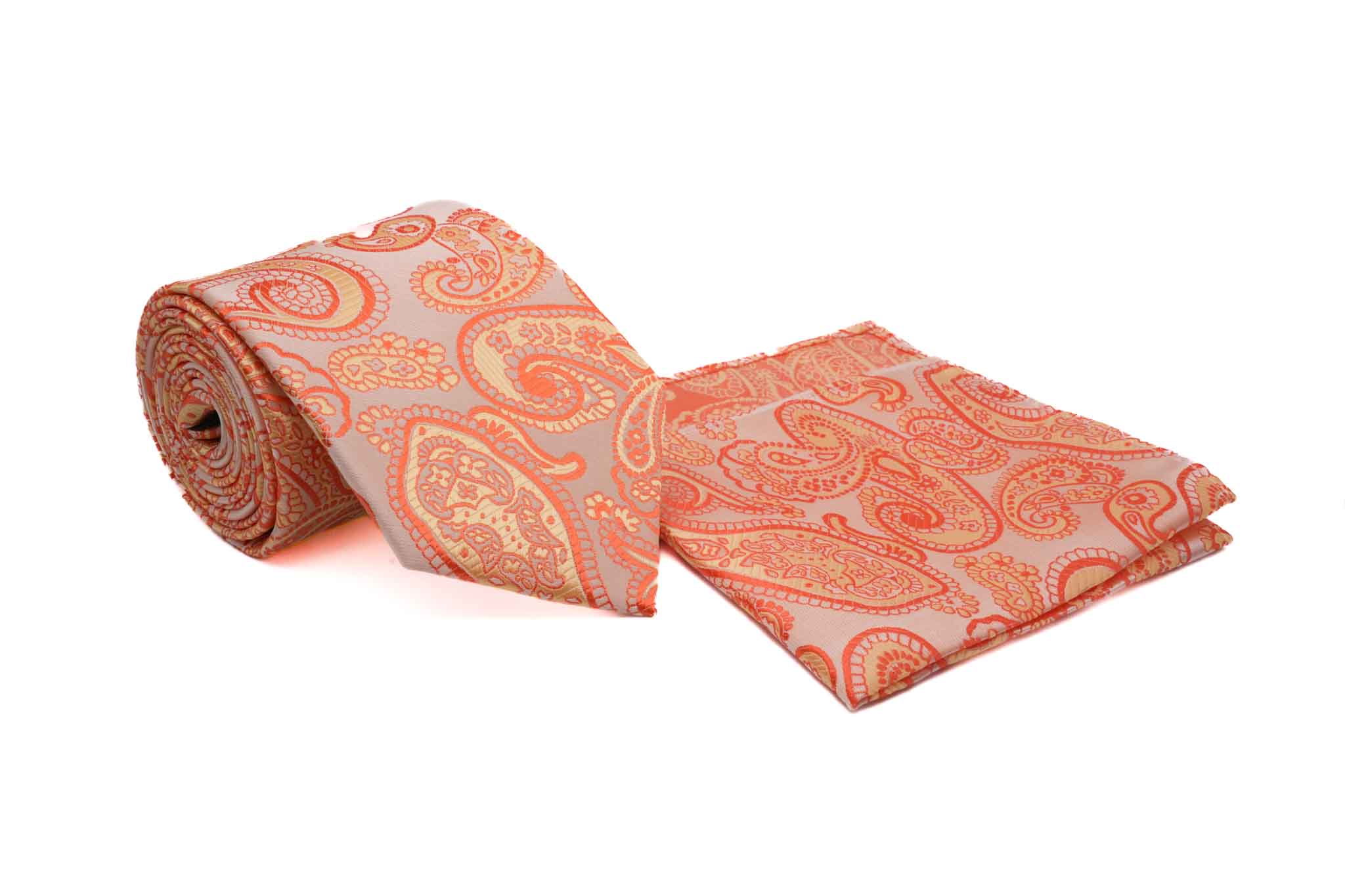 Tangerine Paisley Pattern Men's Tie and Pocket Square Set