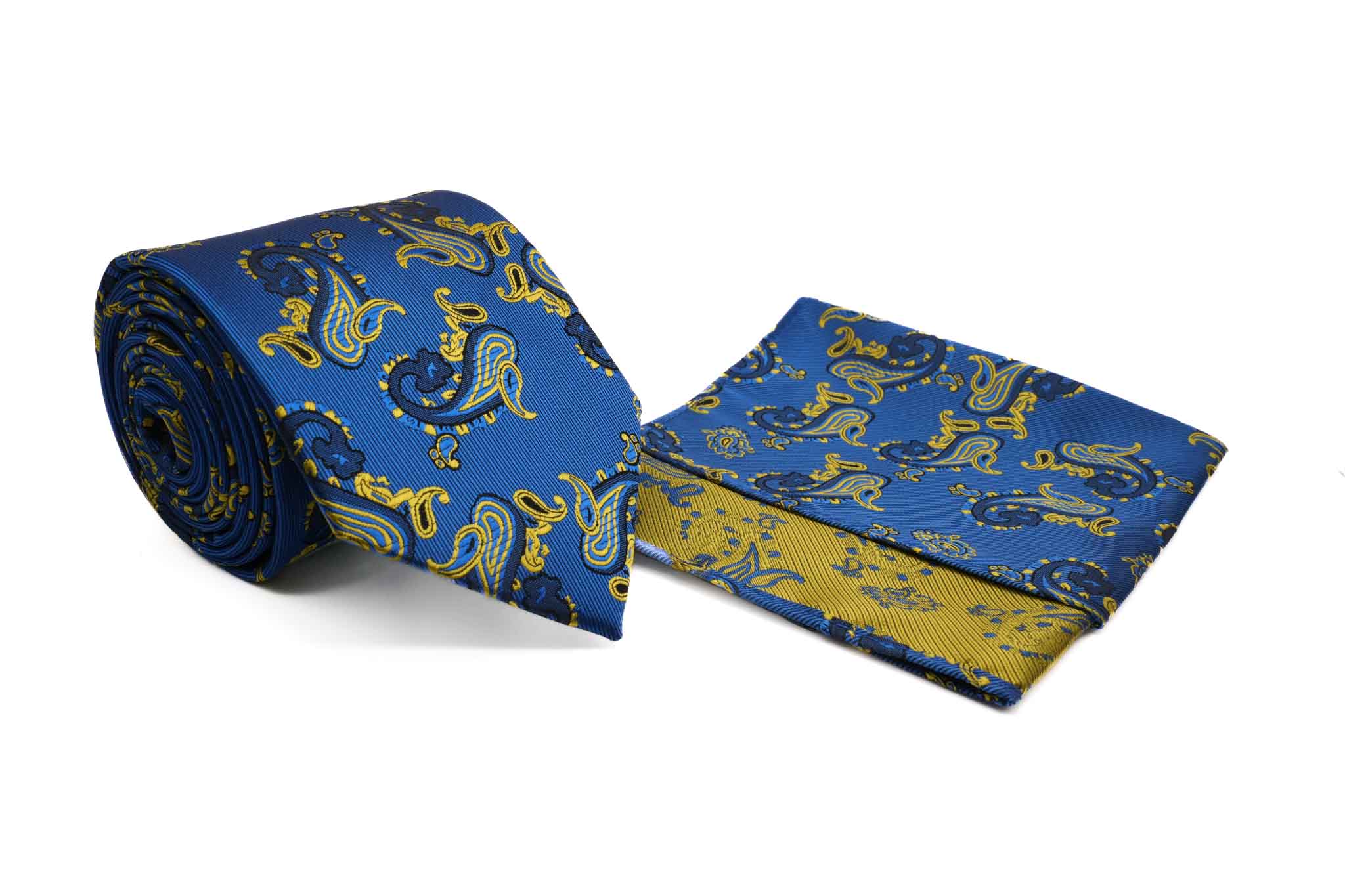 Sapphire Blue and Yellow Paisley Pattern Men's Tie and Pocket Square Set