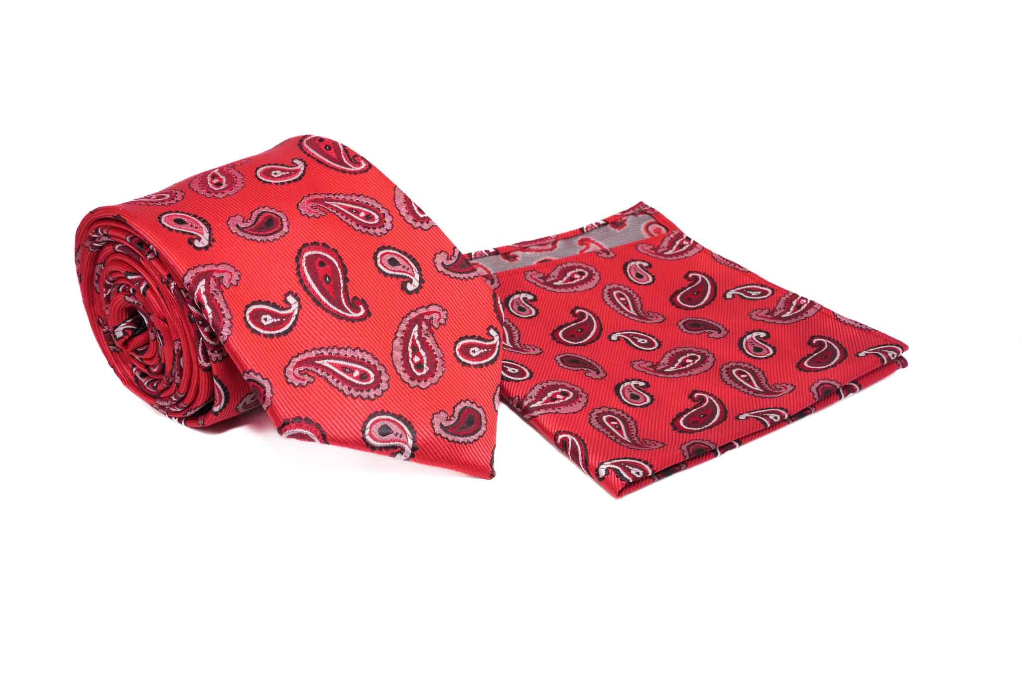 Red White Paisley Pattern Men's Tie and Pocket Square Set