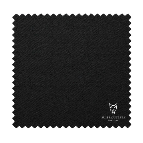 A black textured fabric square with serrated edges, featuring a small white logo and the text 'SUITS OUTLETS NEW YORK' near the bottom right corner, set against a plain white background.