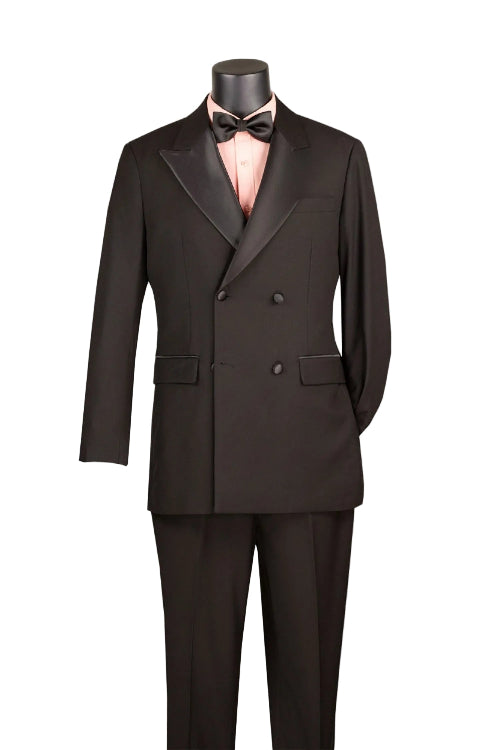 Black modern fit 2 piece men's double breasted tuxedo with satin lapel