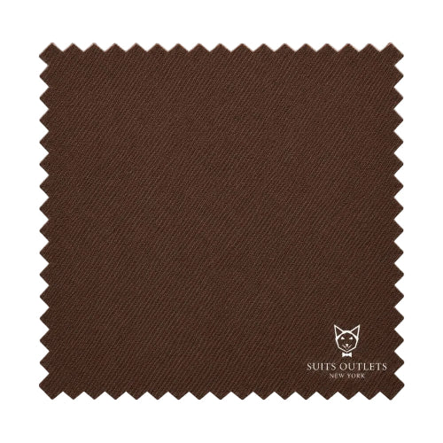 A square brown fabric swatch with serrated edges, showing a fine diagonal twill texture. The Suits Outlets New York logo is printed in white near the bottom right corner.