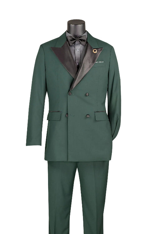 Hunter green modern fit 2 piece men's double breasted tuxedo with satin lapel