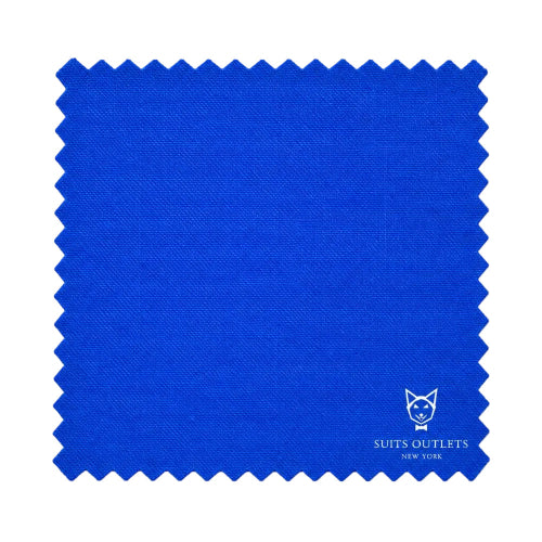 A square blue fabric swatch with serrated edges, featuring a small white logo and the text 'Suits Outlets New York' in the lower right corner, set against a plain white background.