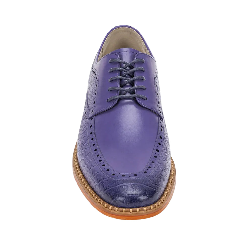 A single men's oxford dress shoe in purple leather with brogue detailing, shown from a top-down view on a white background.