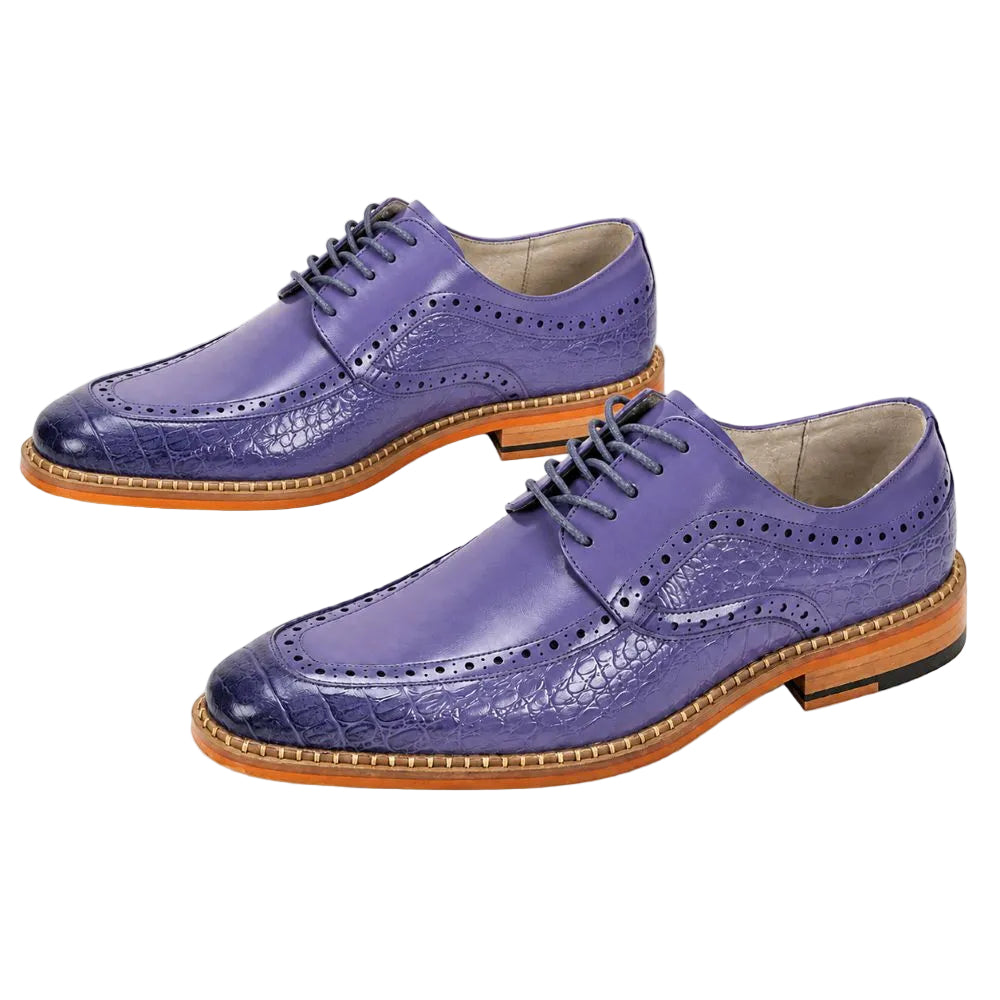 A pair of purple leather wingtip oxford shoes with a crocodile-embossed pattern, dark laces, and a light brown sole, shown on a white background.