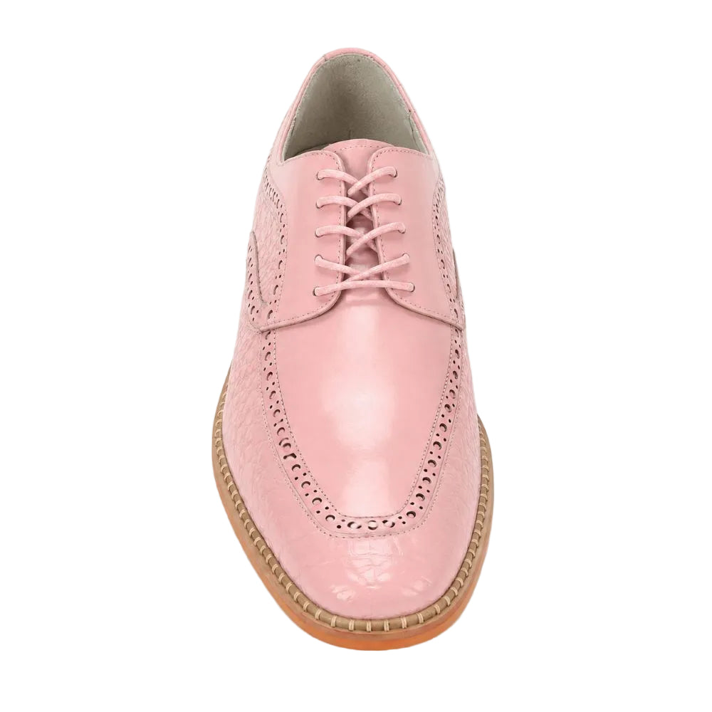 A single light pink leather lace-up shoe with decorative brogue perforations and a tan sole, shown from a top-down view on a white background.