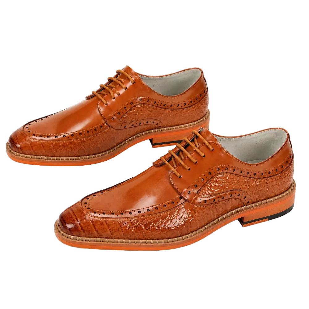 A pair of men's brown leather oxford shoes with a mix of smooth and embossed textures, featuring decorative brogue detailing and matching brown laces, shown on a plain white background.