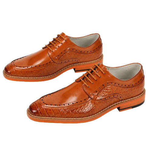 A pair of men's brown leather oxford shoes with a mix of smooth and embossed textures, featuring decorative brogue detailing and matching brown laces, shown on a plain white background.