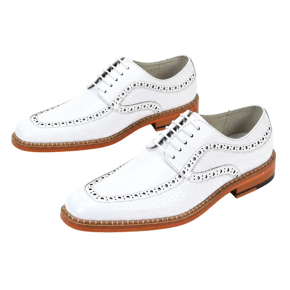A pair of white leather lace-up wingtip oxford shoes with decorative brogue perforations, brown stacked soles, and white laces, shown on a clean white background.