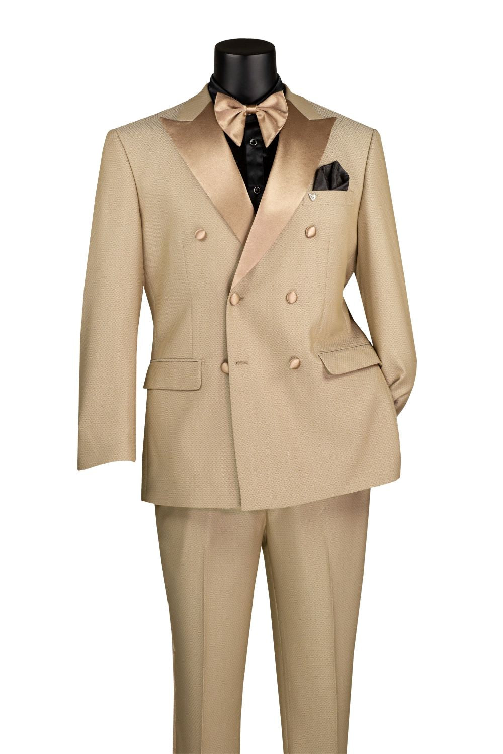 Modern Fit Beige 2 Piece Double Breasted Tuxedo Adjustable Waistband with Oversized Bow Tie
