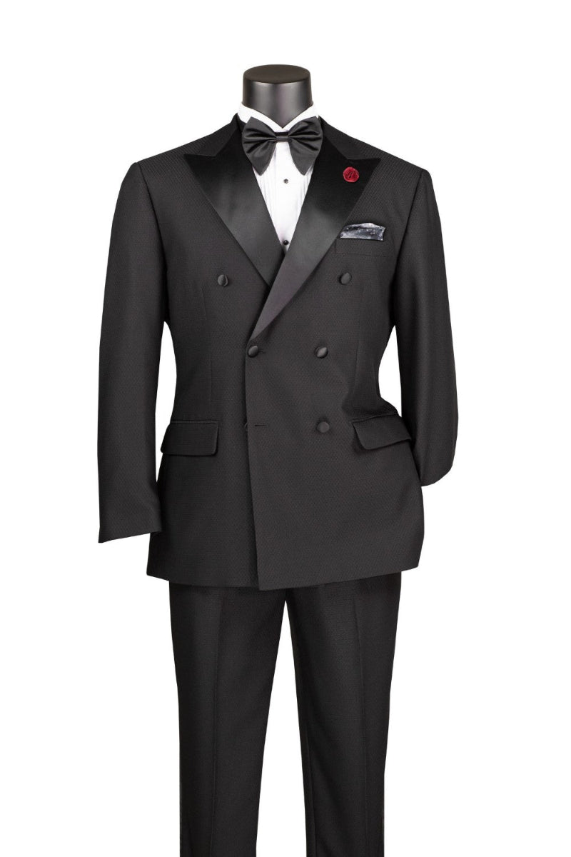 Black modern fit 2 piece men's textured double breasted tuxedo with oversized bow tie