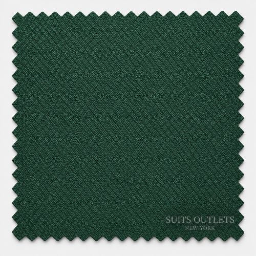 A square fabric swatch with serrated edges in a dark forest green color, featuring a subtle textured weave pattern and a 'SUITS OUTLETS NEW YORK' watermark in the bottom right corner.
