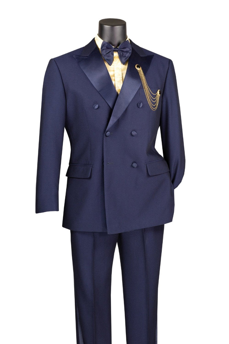 Modern Fit Navy 2 Piece Double Breasted Tuxedo Adjustable Waistband with Oversized Bow Tie
