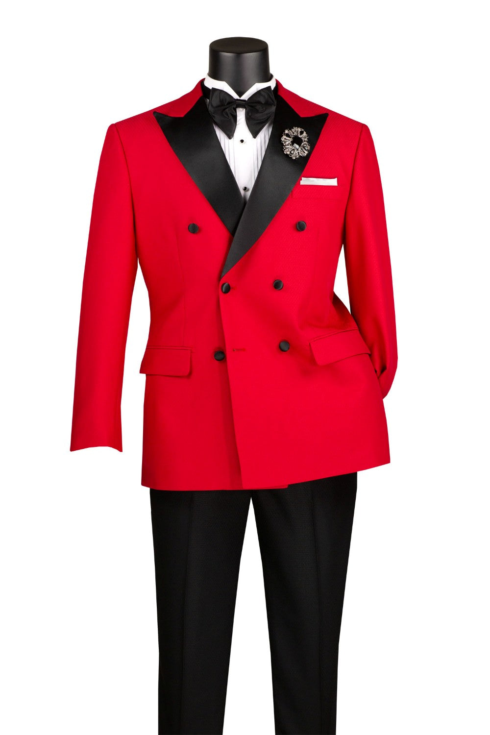 Modern Fit Red 2 Piece Double Breasted Tuxedo Adjustable Waistband with Oversized Bow Tie
