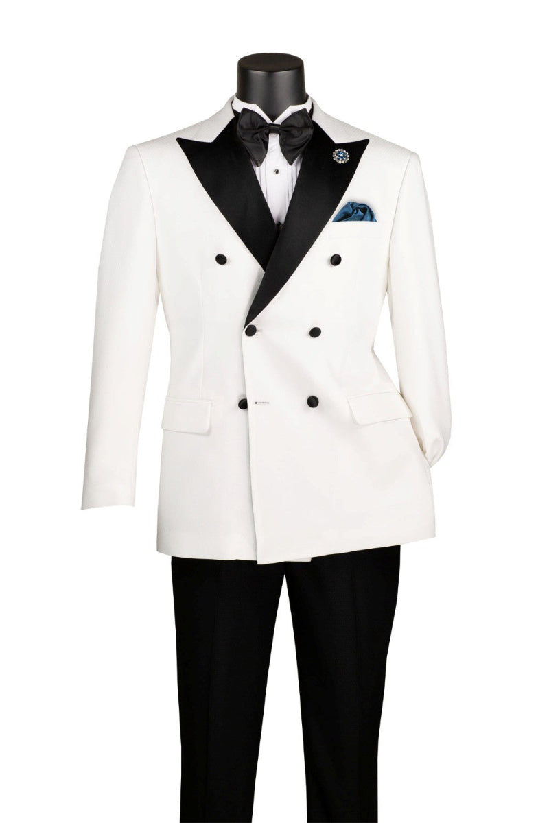 White textured modern fit 2 piece men's double breasted tuxedo with oversized bow tie