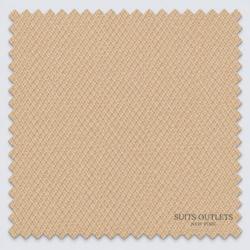 A square fabric swatch with zigzag-cut edges in a warm beige/tan color, showing a subtle woven geometric pattern. The text 'SUITS OUTLETS NEW YORK' is printed near the bottom right corner.
