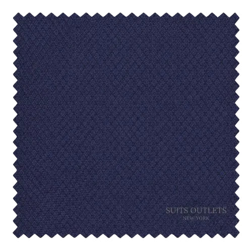 A square fabric swatch with serrated edges in a deep navy blue color, featuring a subtle diamond pattern and the text 'SUITS OUTLETS NEW YORK' printed in the lower right corner.