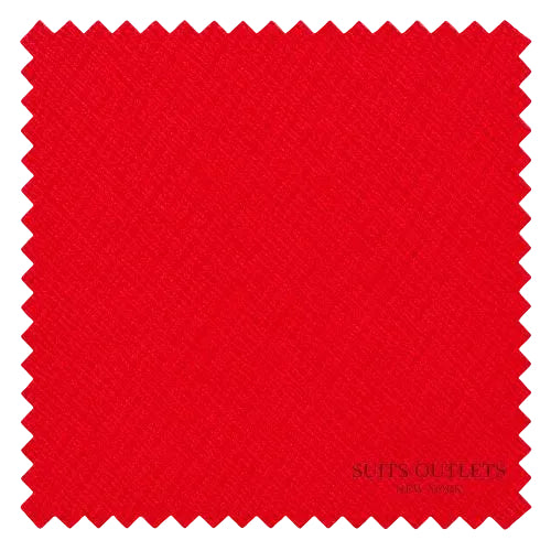 A square red fabric swatch with zigzag-cut edges on a light gray background, with the text 'SUITS OUTLETS NEW YORK' printed near the lower right corner.