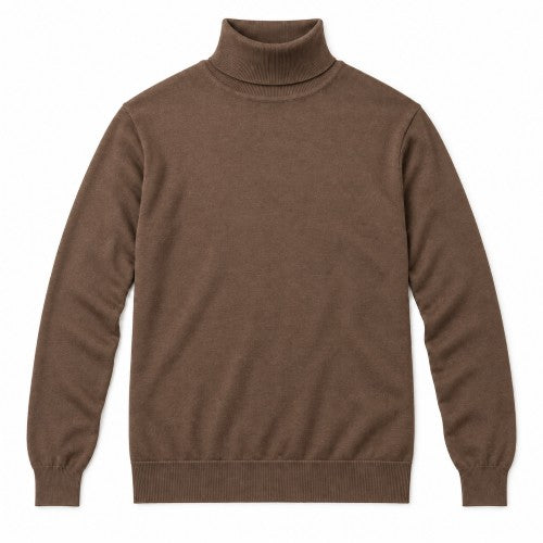 A brown long-sleeve knit sweater with a ribbed mock neck, cuffs, and hem, displayed flat against a plain white background.