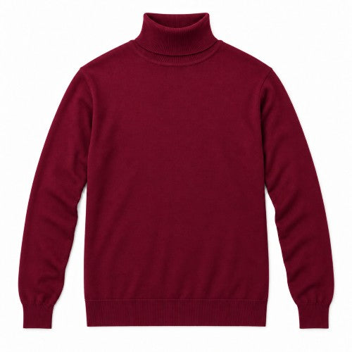 A dark burgundy knit turtleneck sweater with long sleeves, ribbed collar, cuffs, and hem, displayed flat against a solid white background.