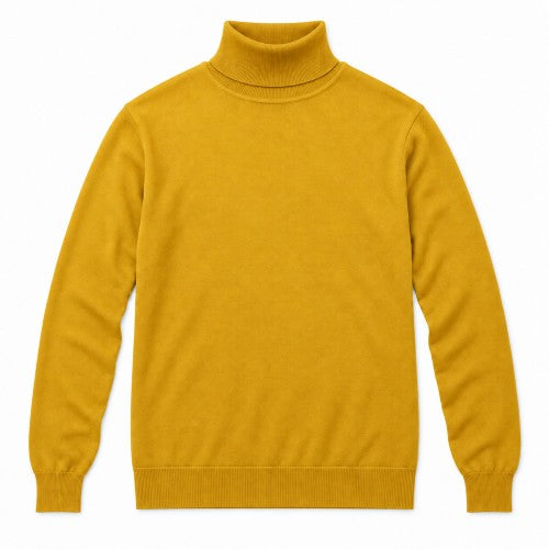A solid mustard yellow knit turtleneck sweater with long sleeves and ribbed cuffs, collar, and hem, displayed on a clean white background.