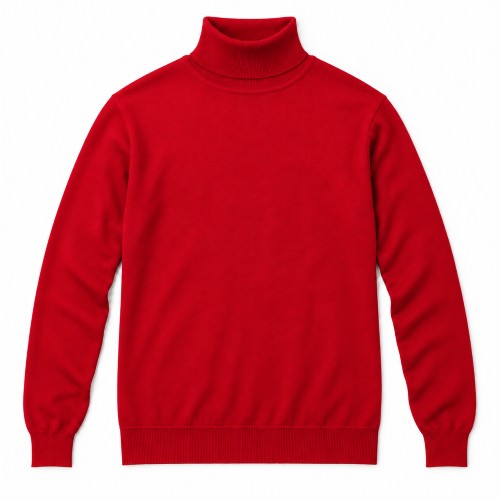 A bright red long-sleeve knit sweater with a mock neck or turtleneck collar, shown flat against a plain white background.