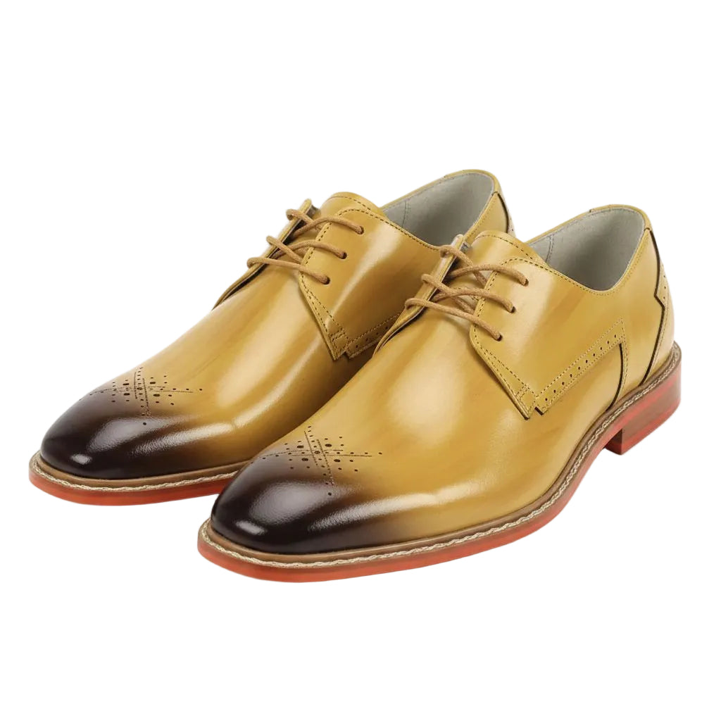 Pair of Scotch dress shoes with brown tips on a white background