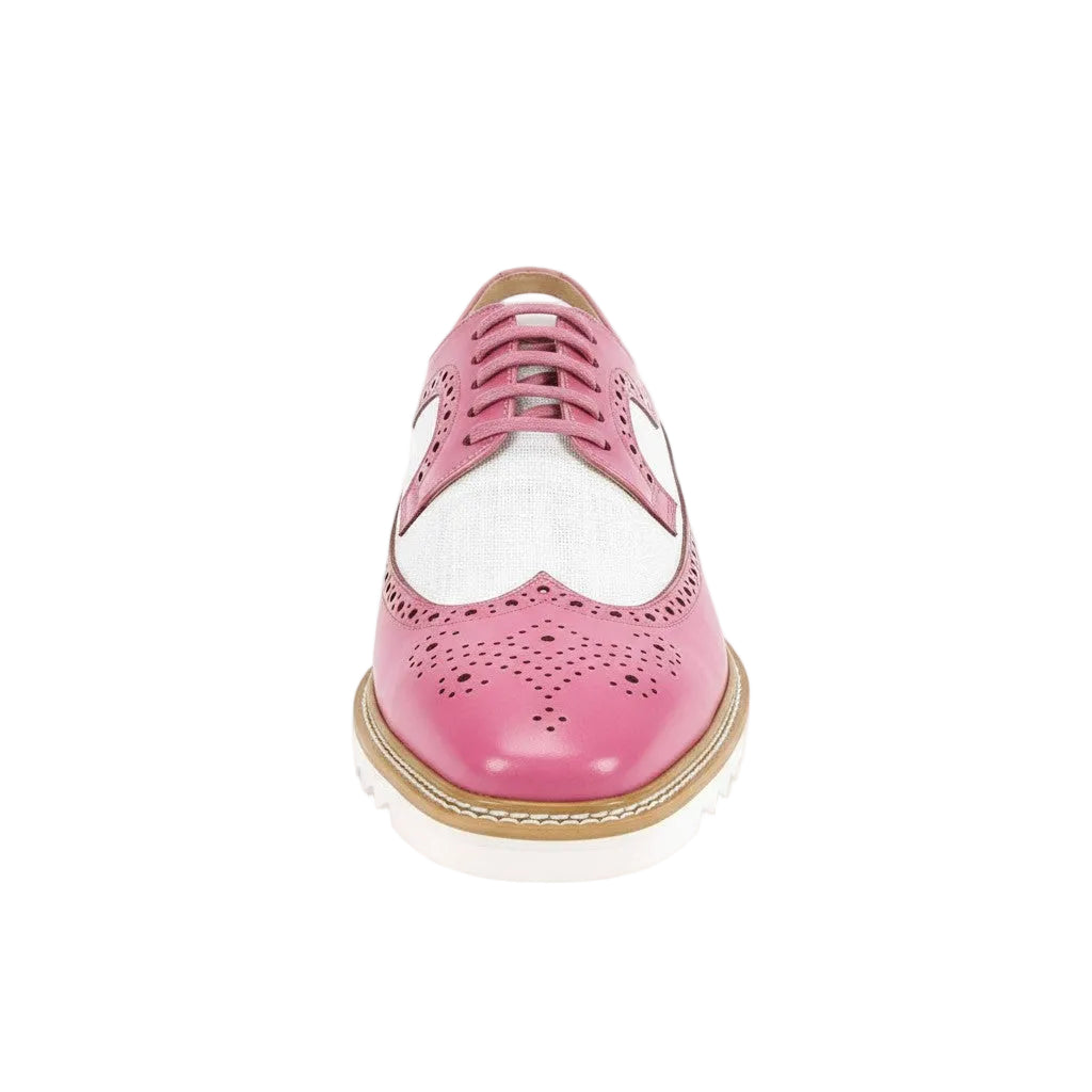Pink and white brogue shoe on a white background